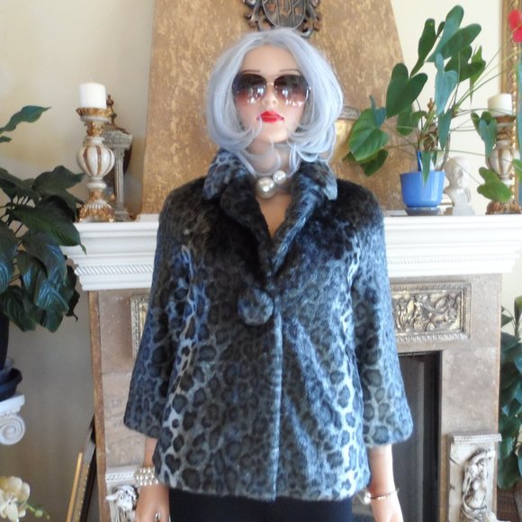 Kate Spade NY "Amelia" Gray Leopard Print Faux Fur Short Coat Size S - Picture 1 of 16